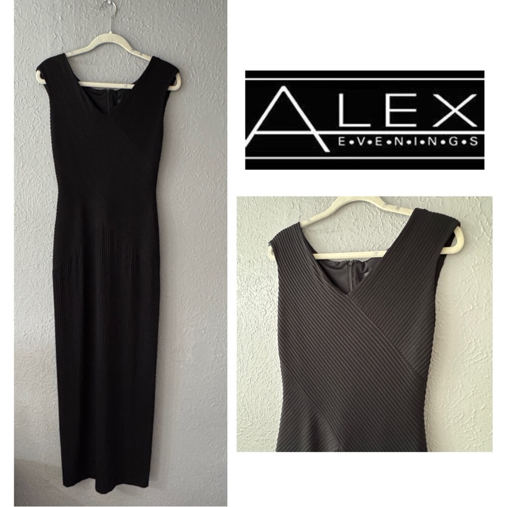 Alex Evenings Elegant Black Sleeveless Dress, Size 8, Fitted Floor Length
